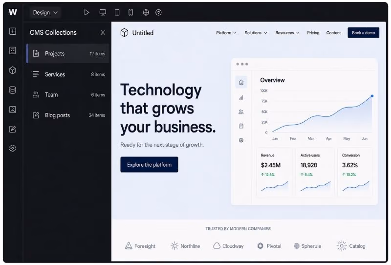 Dashboard showing CMS collections and a platform overview with revenue, users and growth charts.
